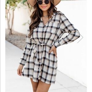 Pink Lily Out Of My Control Plaid Tie Waist Tan Dress
